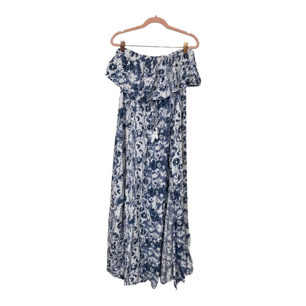 Japna Women Rayon Tube Maxi Dress Elastic Waist Tie Dye White Blue Size M